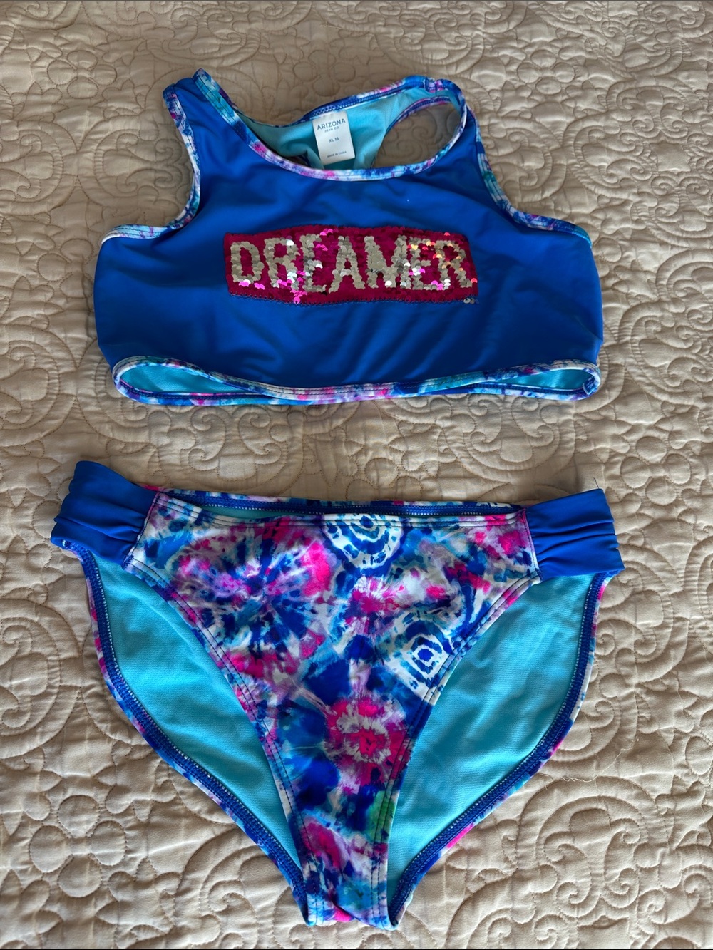 Arizona Jean Company Girls Blue Two-Piece Bikini with Pink Sequin "DREAMER"